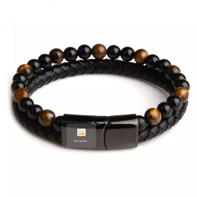 China Vintage Tiger Eye Lava Natural Stone Bead Stainless Steel Clasp Magnetic Black Mens Genuine Leather Bracelet for sale