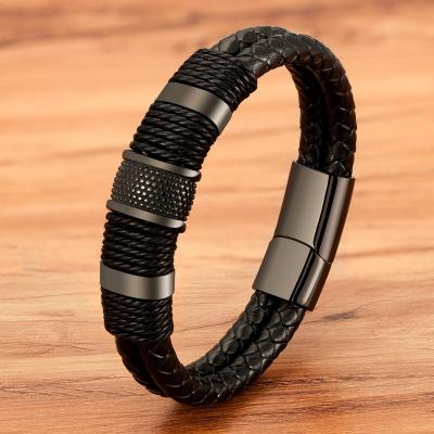 China Vintage Woven Leather Rope Wrapping Stainless Steel Mens Bracelet Double-Layer Design Jewelry for sale