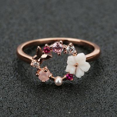 China Fashion Safe Creative Butterfly Flower Rose Gold Zircon Pearl Crystal Ring Female Accessories Jewelry for sale