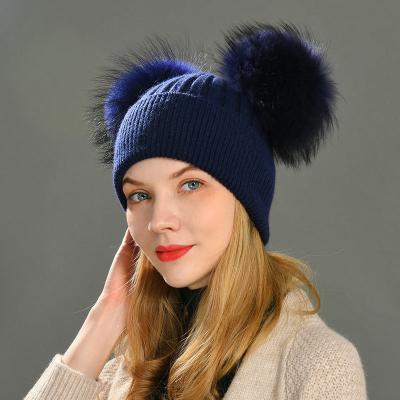 China New Style Winter Hats Ladies Wool Fox Fur Pom COMMON Pom Poms Knitted Beanie Hats Mink Fur Stripped Winter Hats for sale