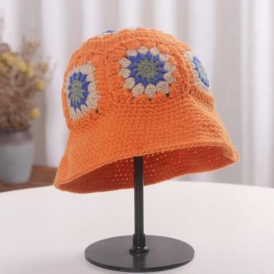 China Autumn Crochet Bucket Hat Women's Casual Ladies Handmade Knit Hat Female Bob Fashion Preppy Style Flower Fisherman Hats Wholesale for sale