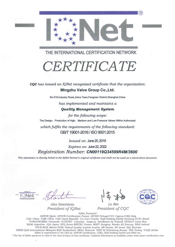 ISO9001 - Mingzhu Valve Group Co., Ltd.