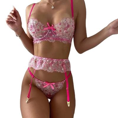 China Women's 3 Piece Bow Rose Embroidery Open Transparent Sexy Underwear Sex Sexy Underwear for sale