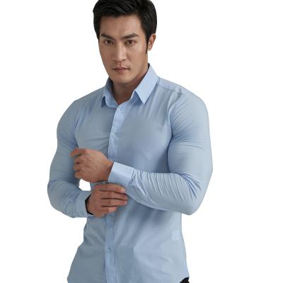 China Solid Color Men Breathable Formal Stretch Long Sleeve Shirt Slim Fit Wrinkle-Resistant For Running Fitness Quick-Drying Breathable Shirt for sale