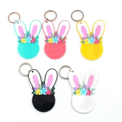 China Easter Gift KC023 50mm Acrylic Floral Bunny Keychain Bunny Keychain with Ring Monogram Laser Cutout Keychain for sale