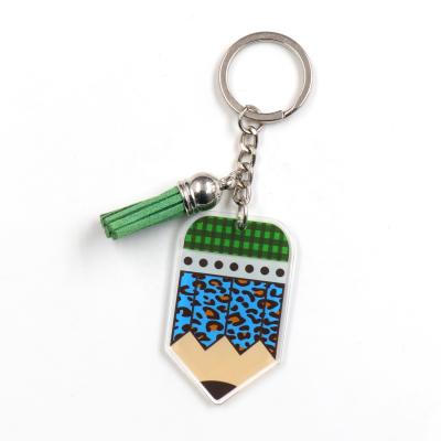 China KHS150KH1053 Double Pcs 50mm Leopard Pencil Key Chain Acrylic Faces Printed Teacher Appreciation Gift Plaid Pencil Acrylic Key Chain for sale