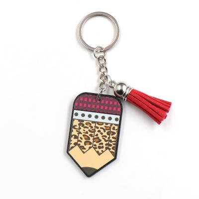 China KHS151KH1052 1pcs 50mm Leopard Pencil Key Chain Acrylic Double Layers Printed Teacher Appreciation Gift Plaid Pencil Acrylic Key Chain for sale