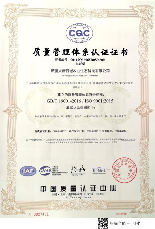 ISO9001 - Xinjiang Datang In Western Region Agriculture Ecological Technology Co., Ltd.