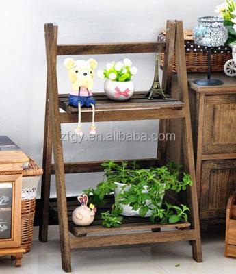 China Sustainable 2 Tier Wooden Plant Display Stand Corner Standing Shelf for sale