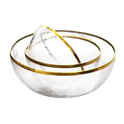 China Dinner Glassware Gold Rim Round Big Glass Bowl Stocked Salad Bowl for sale