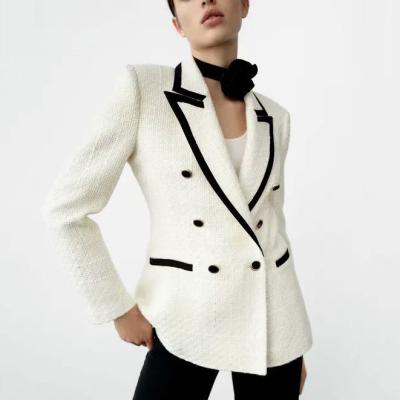 China 2022 QUICK DRY Autumn Elegant Double Breasted Long Sleeve Women Crop White Tweed Blazer Jacket for sale