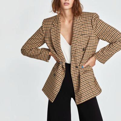 China 2022 Autumn New Fashion Brown Plaid Blazer Jacket QUICK DRY Double Breasted Coat For Women for sale