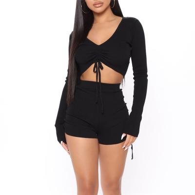 China QUICK DRY Women Black Sexy Fall Long Sleeve Ruched V Neckline Cropped Crop Top Two Piece Sweater Set for sale