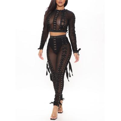 China QUICK DRY Sexy Women Party Club Wear Two Piece Crop Top Long Sleeve Lace Up Mesh Pants Skinny Set for sale