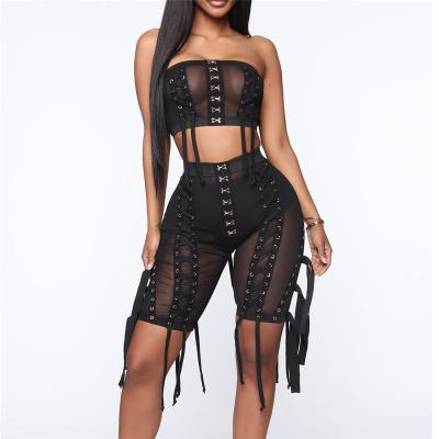 China QUICK DRY 2022 Summer Women 2 Piece Tube Set Sexy Clothing Club Wear Lace Up Mesh Biker Shorts Set for sale