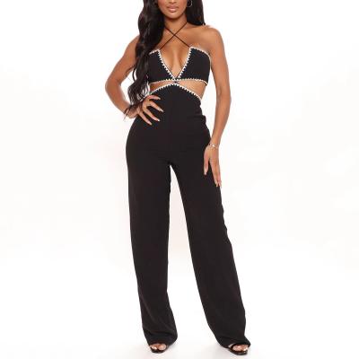 China QUICK DRY Women Black Tie Halter Neck Rhinestone Backless Overalls Cut Out Sexy Deep V-Neck Wide Leg Panty for sale