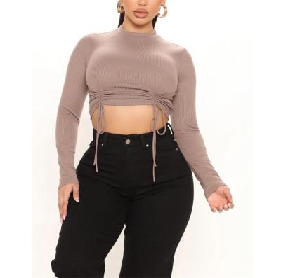 China Custom Fashion Sexy Women QUICK DRY Mock Neck Ribbed Long Sleeve Blouses Crop Top With Drawstring for sale