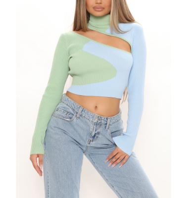 China Wholesale Sexy Anti Shrink Ribbed Knitted Colorblock Long Sleeve Cropped Top Cut Out Sweater For Women for sale