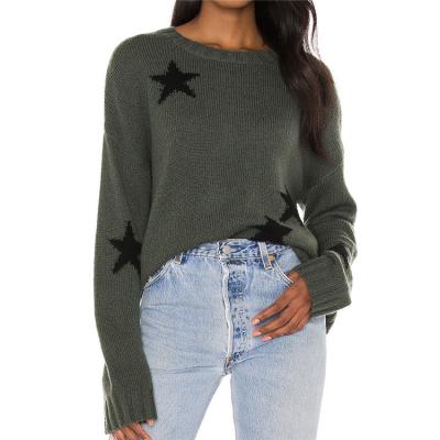 China Anti-wrinkle winter custom olive black stars long sleeve crewneck knit wool pullover sweater women for sale