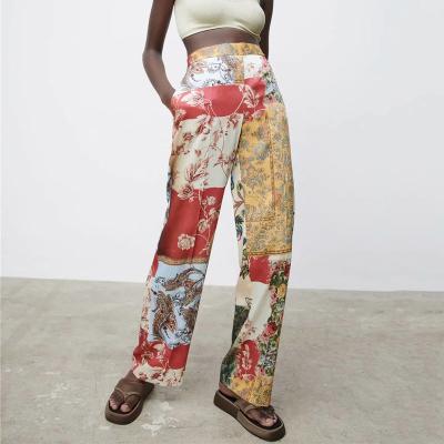 China Elastic Waist Floral Print Wide Leg Women Patchwork High Waisted QUICK DRY Oversized Pants Long Loose Pants For Women for sale