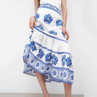 China Breathable Wholesale Women High Waist Floral Printed Elastic Floral Skirts Half Skirt Casual Ladies Skirt for sale