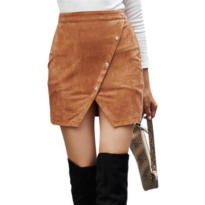 China Wholesale Casual Khaki Waist Faux Suede Stretch Sexy Button Up Plus Fashion High Waisted Mini Skirt Women for sale