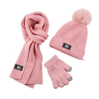 China New Arrival Plush Beanie Hat Custom Cotton Embroidery Box Logo Winter Striped Kids Knit Hat Scarf Gloves Set for sale