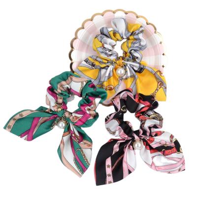 China Japan and Bohemian Wind Printed Hair Ring Lady Korean Retro Style Pearl Pendant Bows Package Sash Printing Satin Scrunchies for sale