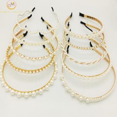 China INS Pearl Hair Accessories Elegant White Beaded Metal Headband Handmade Elegant Girl Wedding Hair Bands for sale