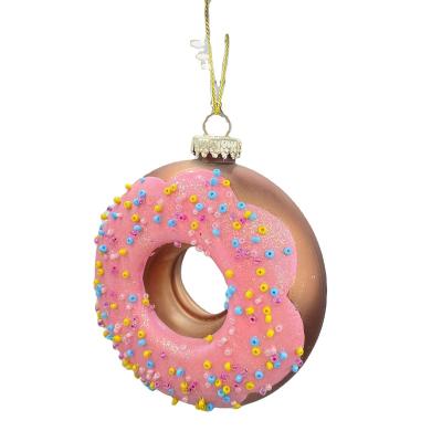 China Christamas Home Decoration 2022 Custom Food Delicate Cute Donut Dessert Shape Hanging Glass Christmas Ornament Donut Christmas Tree Ornament for sale