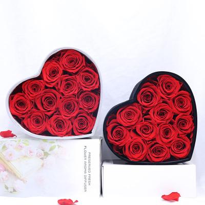 China 12 Pcs/Box Decorative Preserved Flowers Rose Eternal Forever Dried Flowers in Heart Shape Fiber Box For Valentine Mother Day Gift 23-21-10.5cm; 5-6cm flower for sale