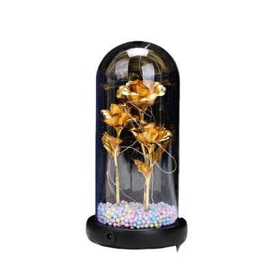 China Foiled Rose 3 Flowers Artificial Gold Foil Dipped Galaxy 24K Rose Gold For Valentine Mothers Day Gifts Case In A Dome With Cover Glass Box for sale