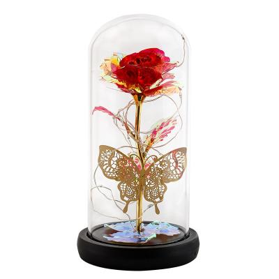 China Foiled Rose 24K Gold Aluminum Dipped Butterfly Artificial Gold Galaxy Rose For Valentine Mothers Day Gifts In A Dome With Cover Glass LED Box for sale