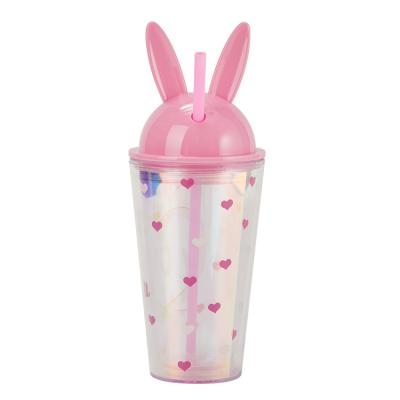 China LATTLIV Viable Double Walled Plastic Cups Rabbit Fancy Design Mugs Eco-Friendly PP Water Bottle Tumbler With Lid And Straw for sale