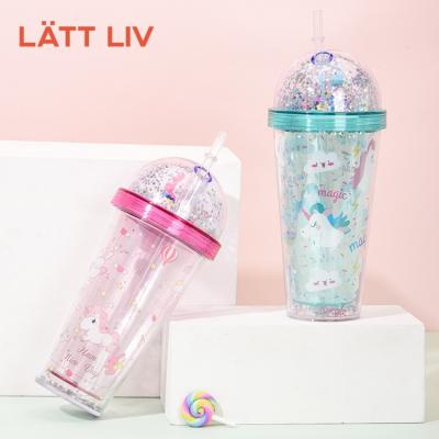 China LATTLIV Cartoon Design Viable Clear Plastic Tumbler 380mL BPA Free Loose Powder Decorative Plastic Cups Hard With Straws for sale