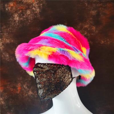 China Decorating and Keeping Luxury 2022 New Ladies Printed Rabbit Fur Fisherman Hats Winter Plush Warm Furry Bucket Hats for Women for sale