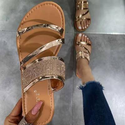 China 2022 Fashion Trend Luxury Ladies Beach Sandals Outdoor Slippers Shape Women's Rhinestone Straps Flat Slides Slippers for sale