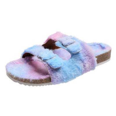 China Newest Plush Trend 2020 Fashion Home Slippers Ladies Warm Outdoor Fuzzy Sandals Fashion Colorful Cork Fur Indoor Slippers For Women for sale