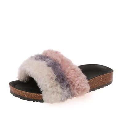 China 2021 Trend 2021 Fashion Plush Home Slippers Luxury Fur Furry Hairy Cork Slippers Unique Womens Ladies Metal Chain Metal Chain Outdoor Slippers for sale