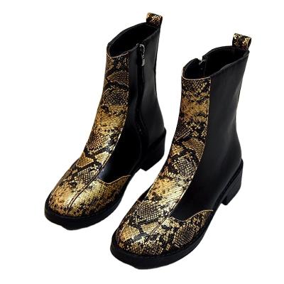 China Round 2020 autumn winter women snakeskin short ankle boots fashion low thick heel cheap ladies fashion boots for sale