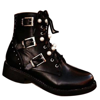 China Round 2020 new low fall winter tube ladies fashion boots pearl strap women's ankle boots for sale