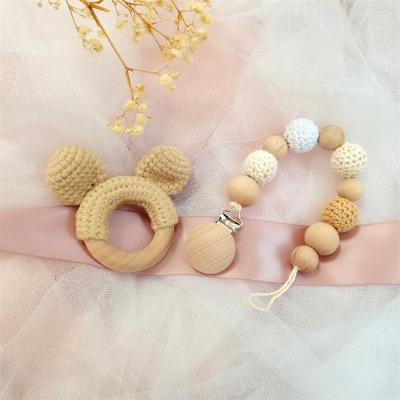 China Toy Customized Unique Montessori Crochet Beech Soft Knitting Wooden Toys Crochet Baby Rattle Ring Teether Pacifier Chain Set for sale