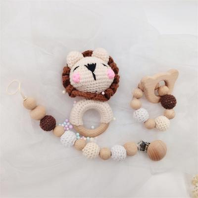 China Soft Toy 1 Set Baby Rattle Crochet Lion Teether Rattle Bells Newborn Educational Beech Wood Rings Baby Toys for sale