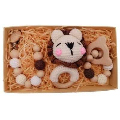 China Soft Toy Cards Crochet Sensory Chew Beech Ring Wooden Cartoon Lion Milestone Baby Rattle Teether Wooden Set for sale