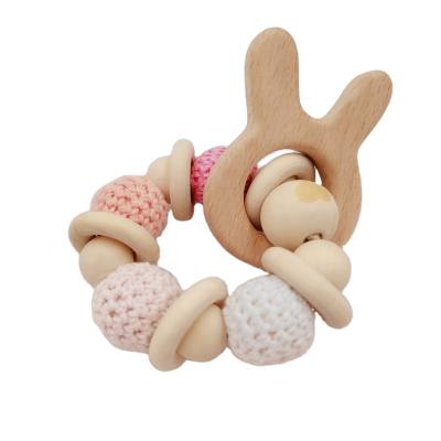 China 100% Soft Handmade Crochet Beech Wood Beads Baby Rattle Crochet Baby Teether Toy for sale