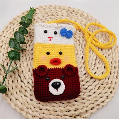 China Cotton Customized Handmade Crochet Cartoon Mobile Phone Bag Beach Holiday Pocket Card Key Soft Cute Knitting Bag for sale