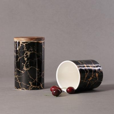 China Nordic Black Marble Ceramic Cookie Stored Kitchen Food Sealed Storage Jar Set With Bamboo Lid for sale