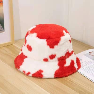 China Designer 2021 Outdoor Use Vintage Fashion 3 Colors Furry Cow Print Rabbit Hair Fur Bucket Hat/Winter Hat For Women Winter Autumn for sale