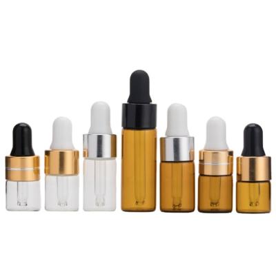 China 1/2/3ml Dropper Bottle Mini Glass Cosmetic Essential Oil Brown Transparent Glass Bottle, White Circle Black Silver Black Dropper Glue Hea for sale