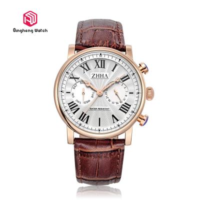 China Cow Genuine Leather Strap Wrist Watches Round Case Shape / Quartz Wristwatches for sale